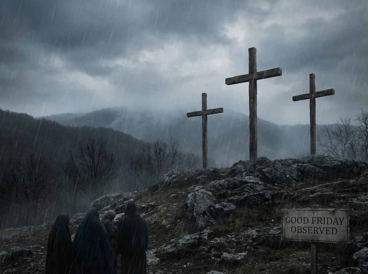 Somber rainy Good Friday landscape crucifixion mood