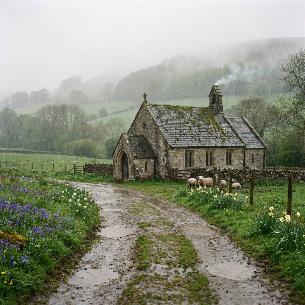 Small stone chapel on a rainy day surrounded by wildflowers and grazing sheep.