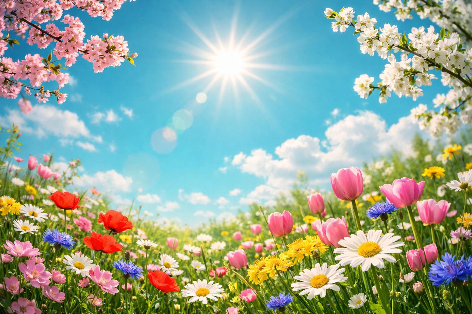 Turquoise sky sun shining on spring flowers