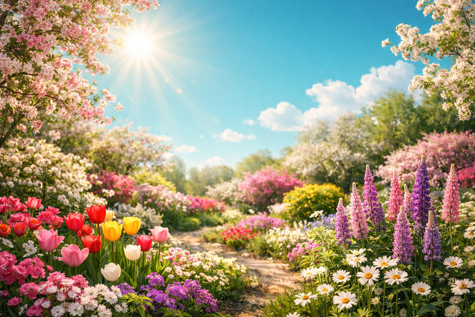 Turquoise spring sky, sunlight over blooming garden, photorealistic