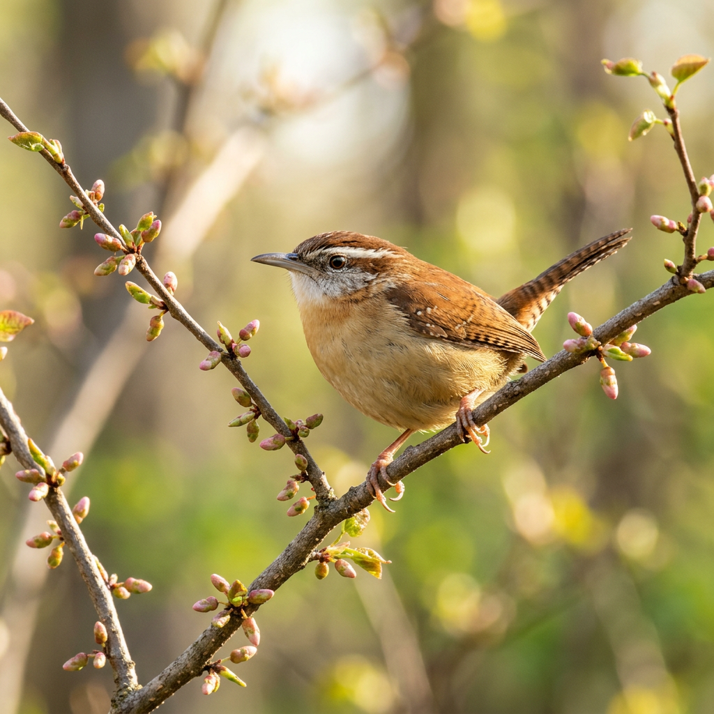 Carolina wren perched on a branch with budding leaves
