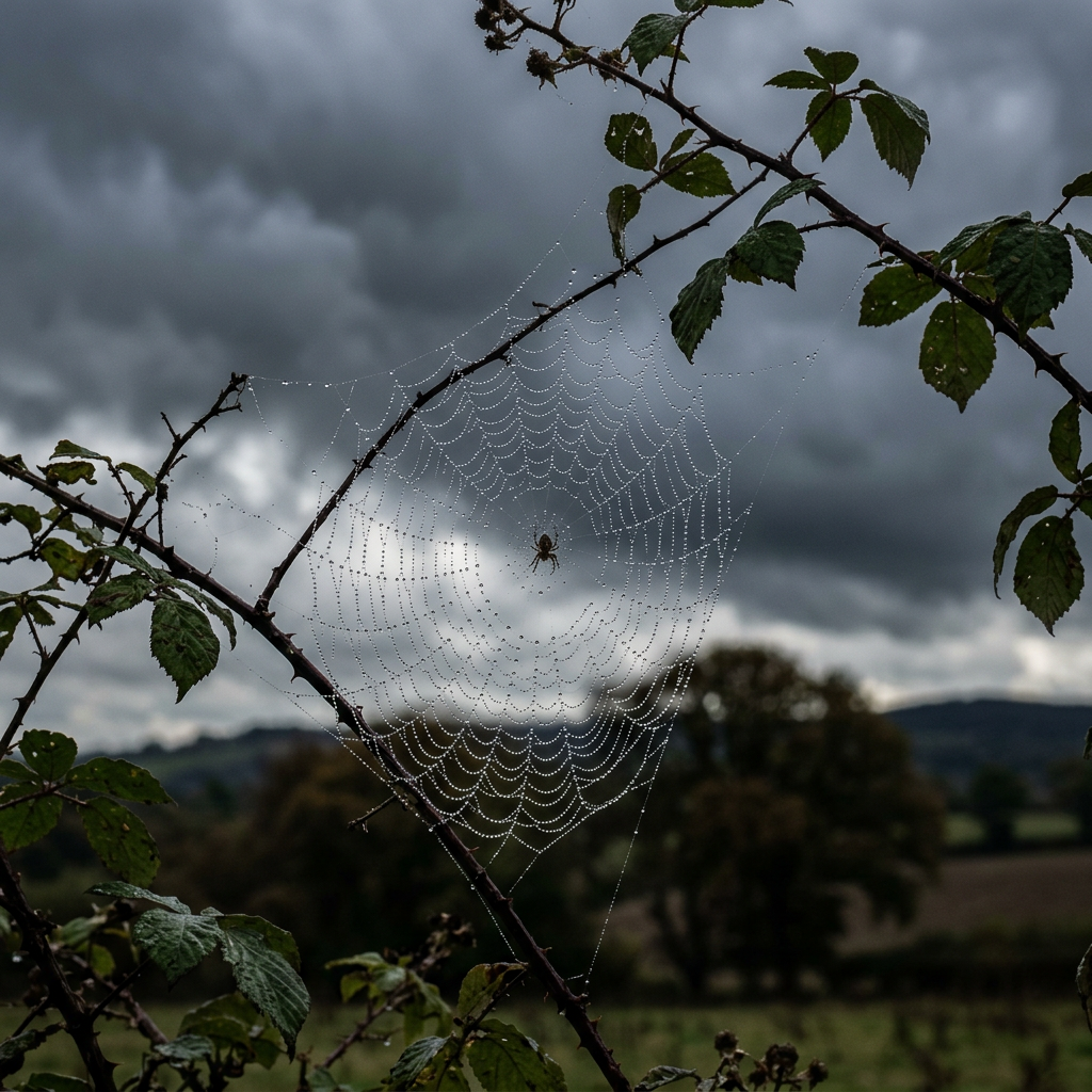 Spider sitting in the center of a web covered with dew drops between leafy branches under cloudy sky