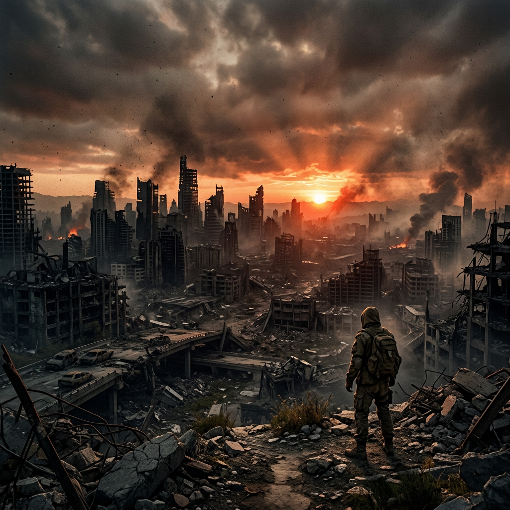 Apocalyptic dawn over ruined city landscape