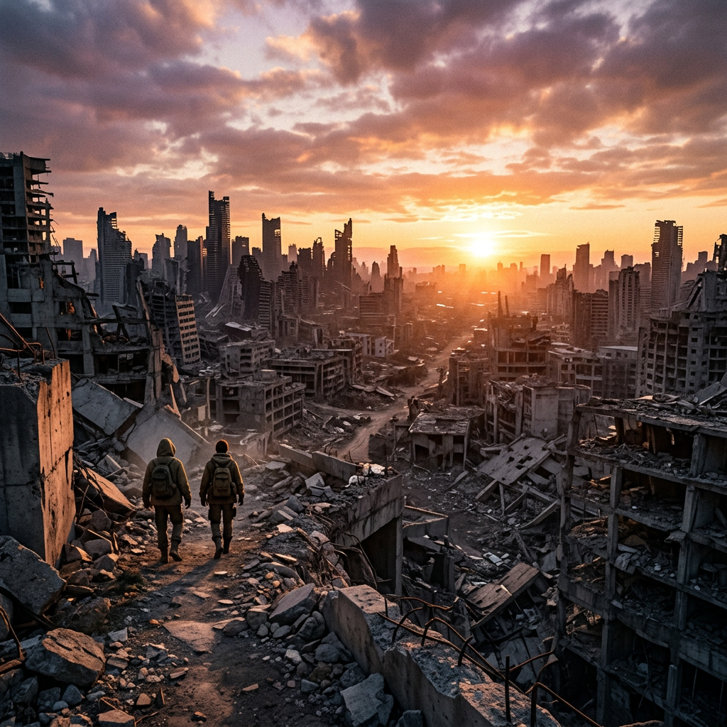 Two individuals walking amid destroyed buildings in a ruined city at sunset