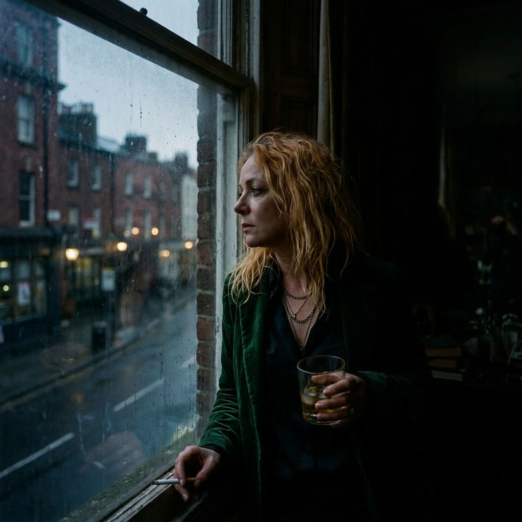 Sad woman with smudged makeup holding a glass of whiskey and a cigarette by a rainy window