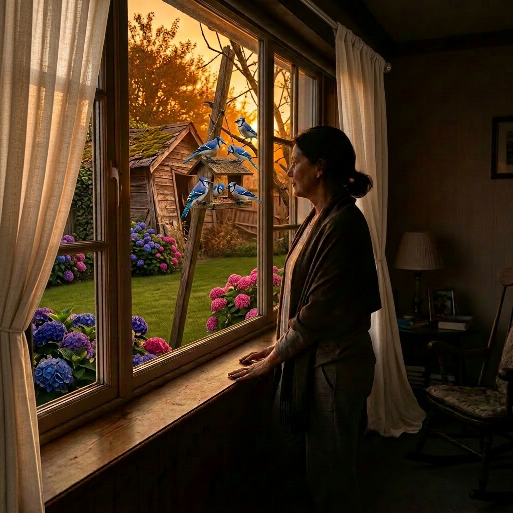 Woman standing by window looking at sunset over ocean and distant hills