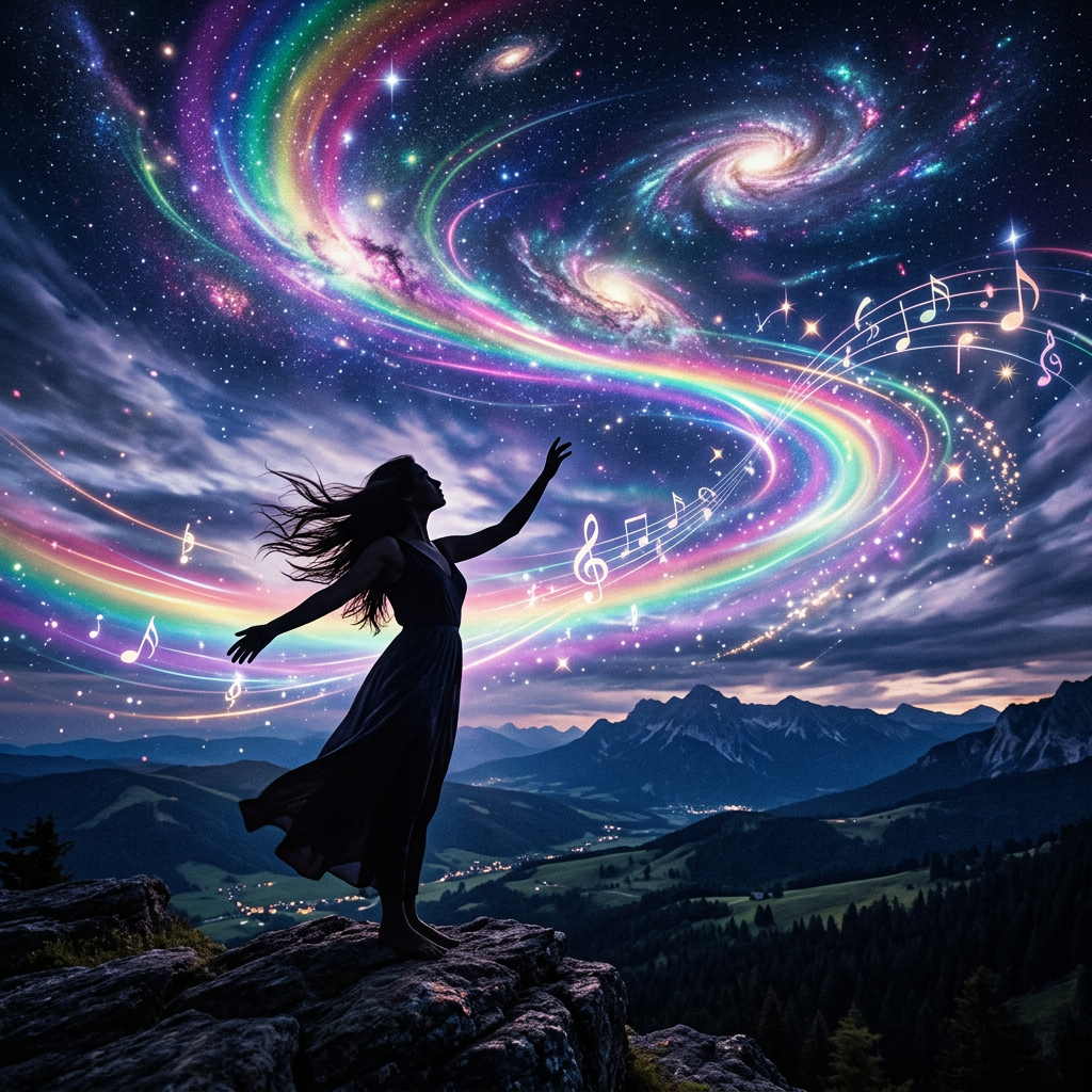 Silhouette of a woman standing on rocks with a colorful rainbow and musical notes swirling into the starry night sky