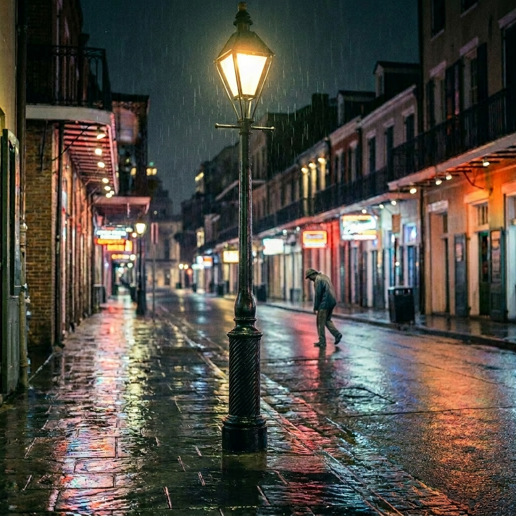 Man holding umbrella standing near Bourbon Street sign on rainy evening