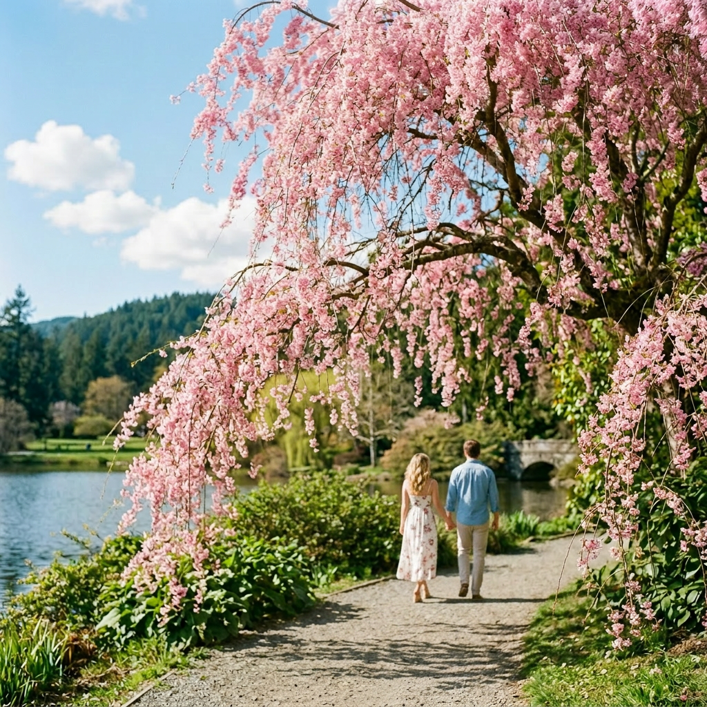 Couple smiling and holding hands under pink cherry blossom tree beside a lake