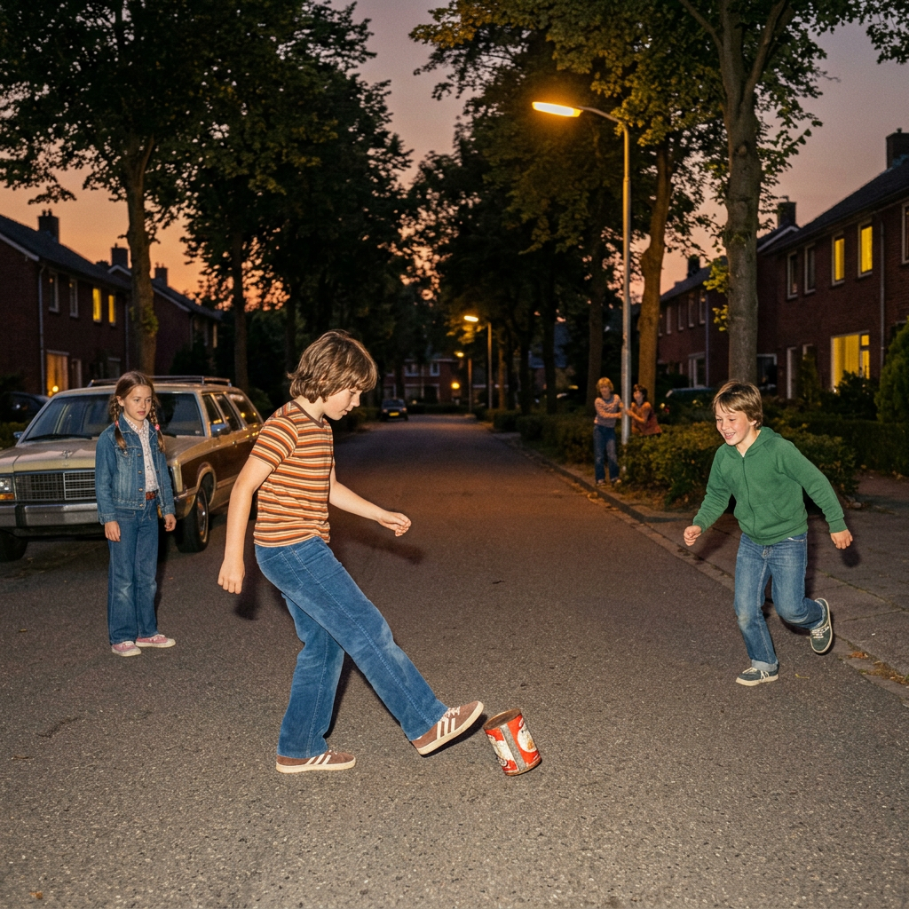 Three children playing a game kicking a tin can on a residential street at sunset