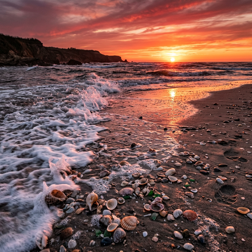 Sunset over a beach with seashells, waves, and distant cliffs
