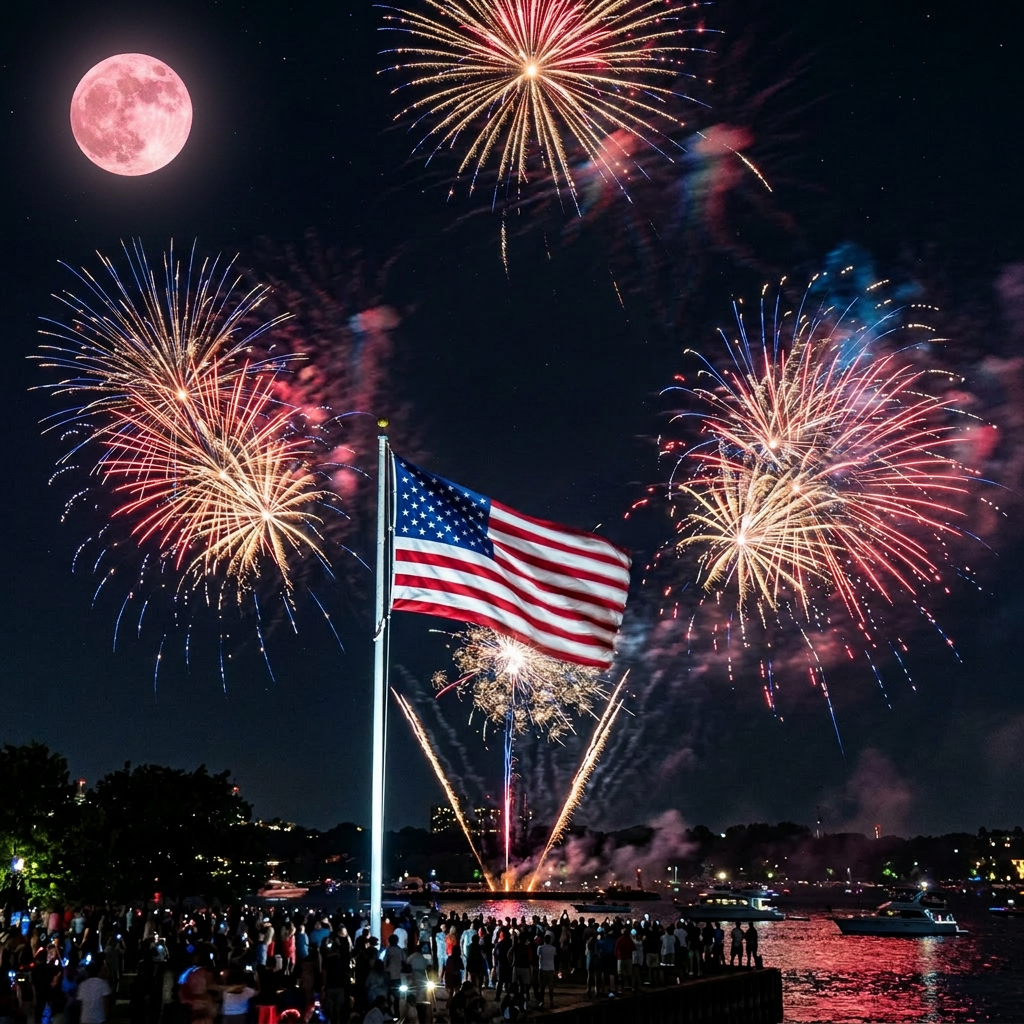 American flag waving with fireworks and full moon in night sky over waterfront crowd