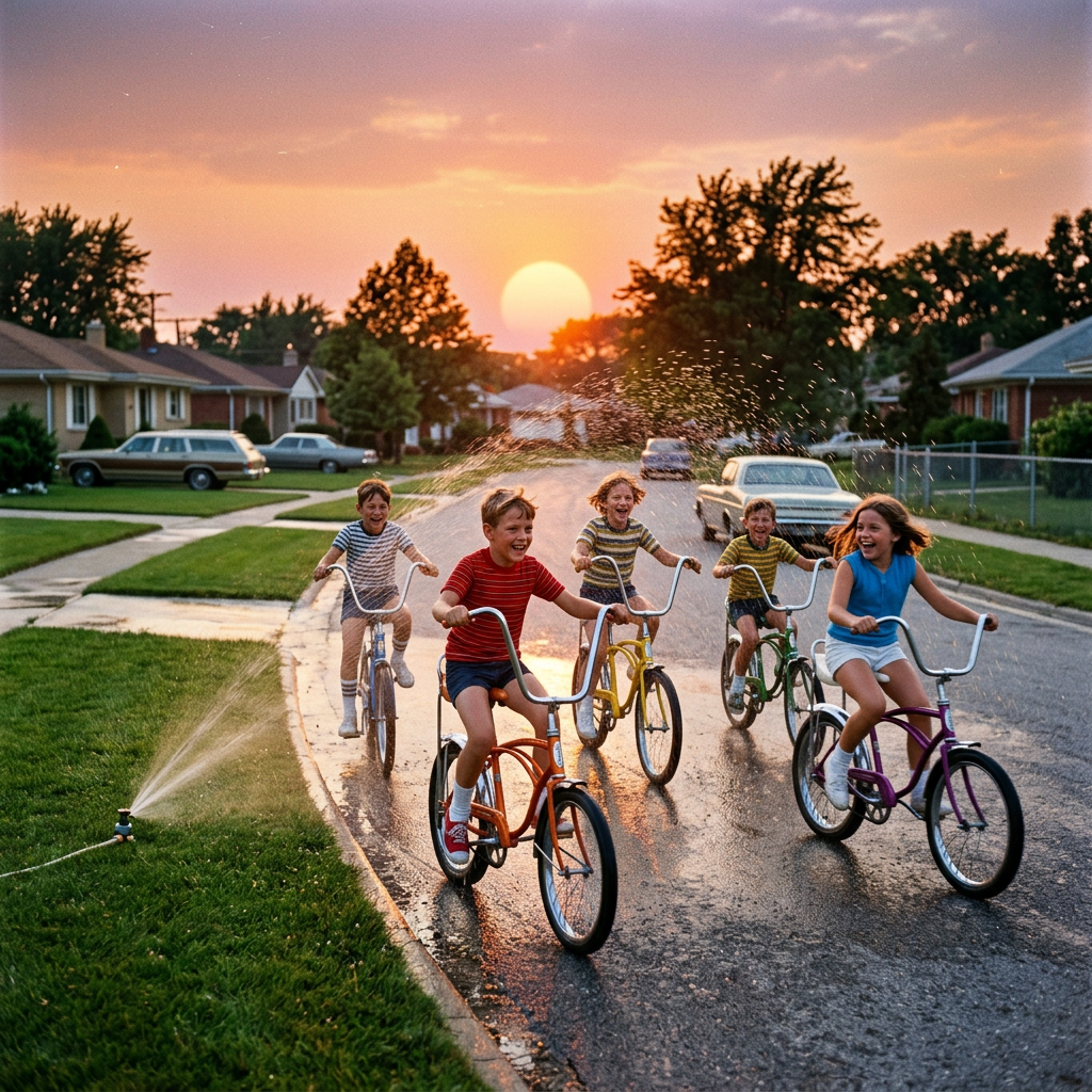 Five children riding bicycles through a sprinkler on a suburban street at sunset