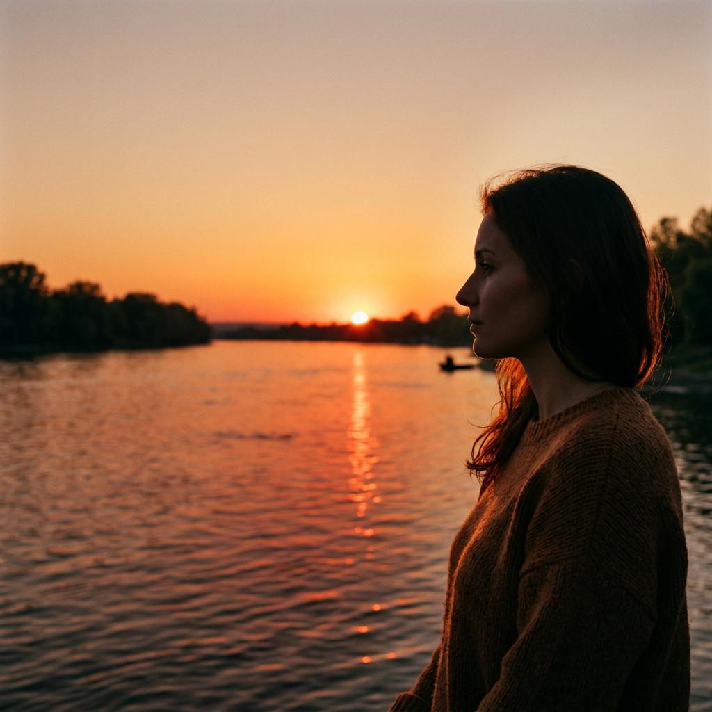 Woman in sweater looking out over river at sunset