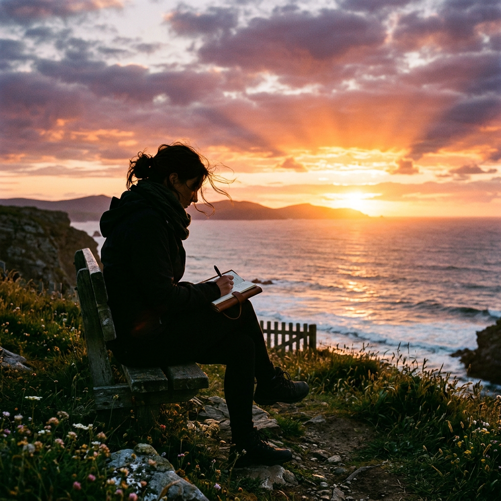 Person writing in a journal on a bench by the ocean at sunset