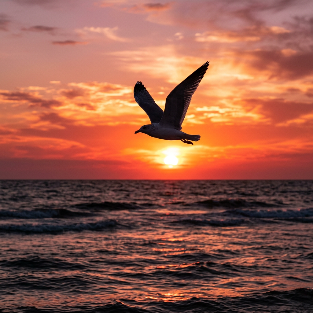 Seagull flying above ocean waves at sunset with orange sky
