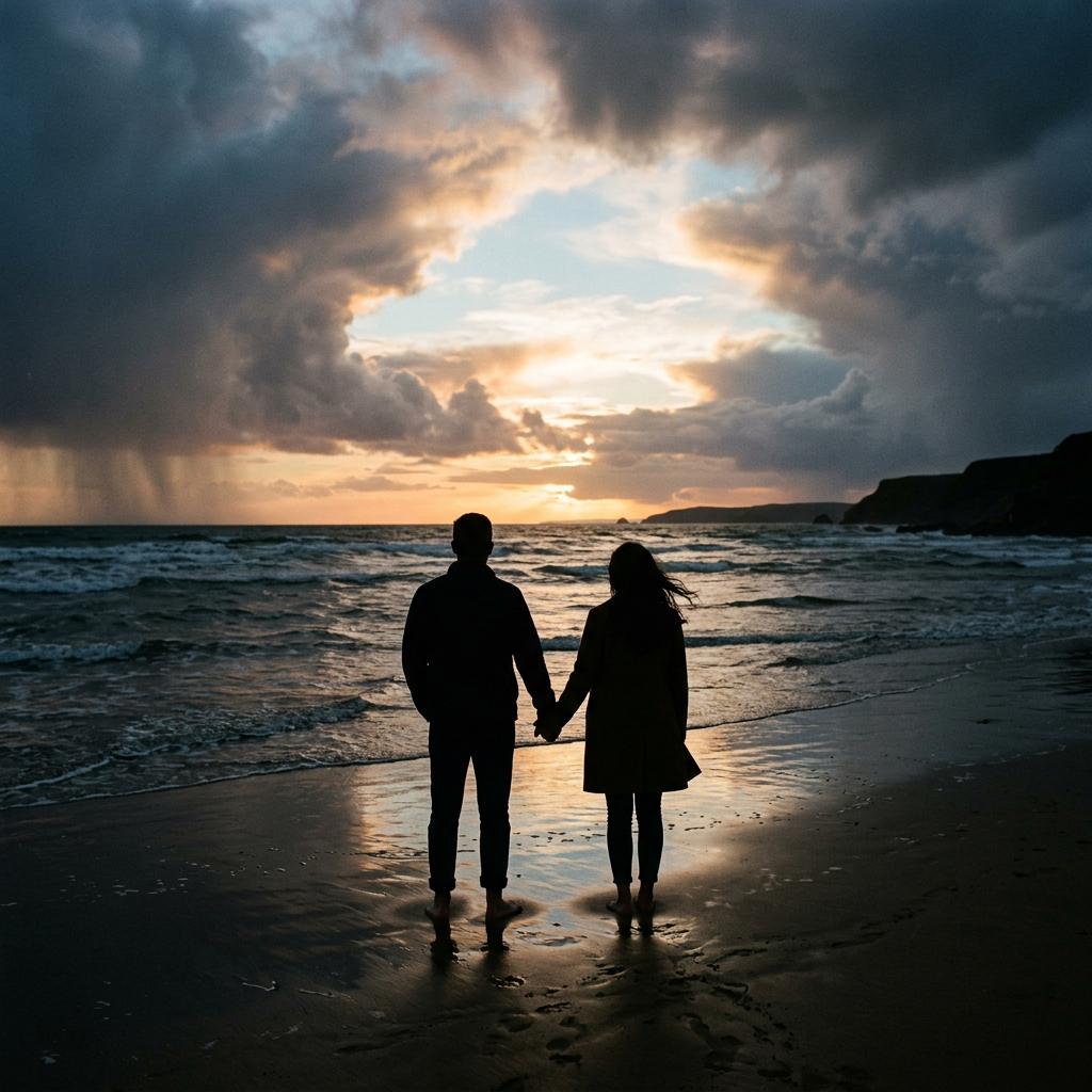 Silhouetted couple holding hands on a beach at sunset with cloudy sky