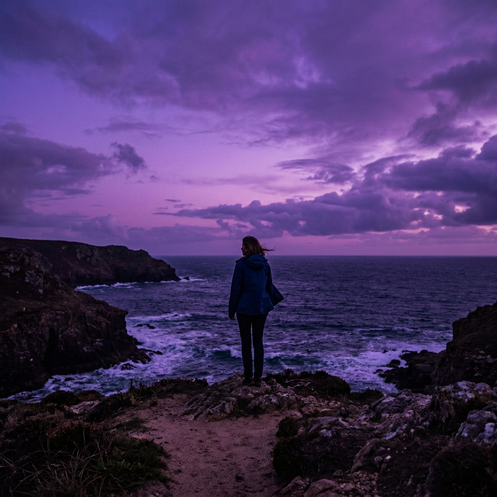 Person standing on rocky coast overlooking ocean at purple dusk