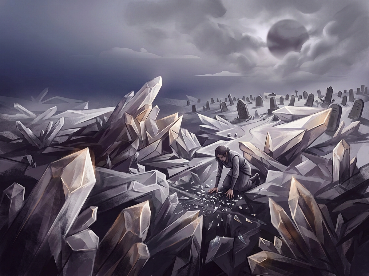 Jagged crystals surrounding a winding path across a dark fantasy landscape