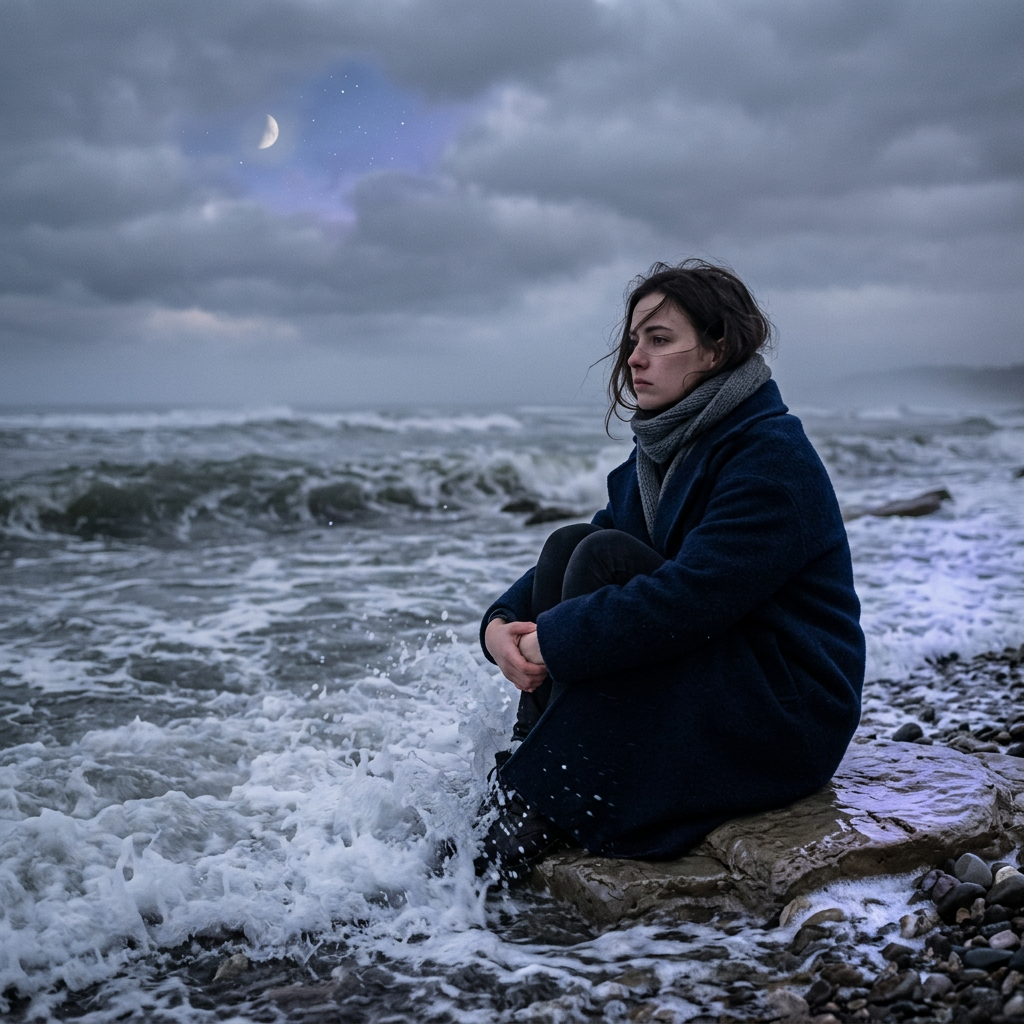 Woman in coat sitting beside crashing waves under a crescent moon
