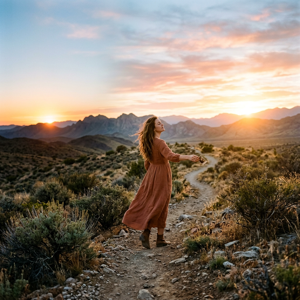 Woman in a flowing dress walking along a mountain trail at sunset