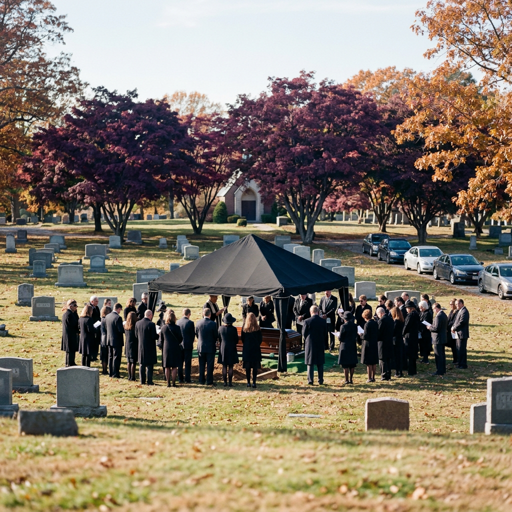 Fall funeral in sunny graveyard with purple trees