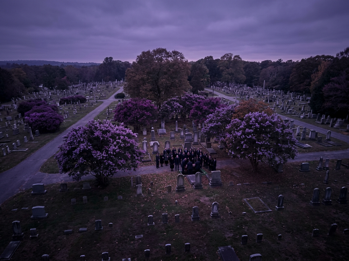 Mourners gather around pallbearers lowering a coffin in a cemetery